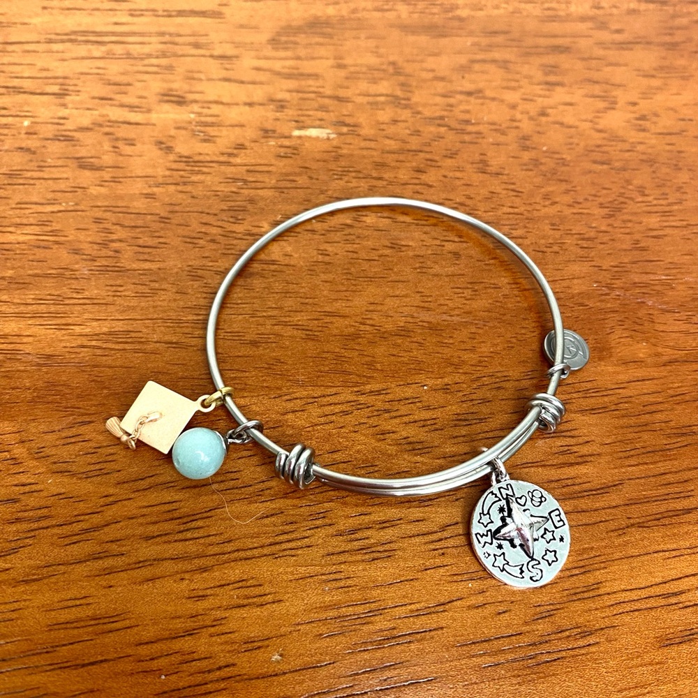 Graduation Silver Toned Bangle by Love This Life Adjustable Compass Cap Charms